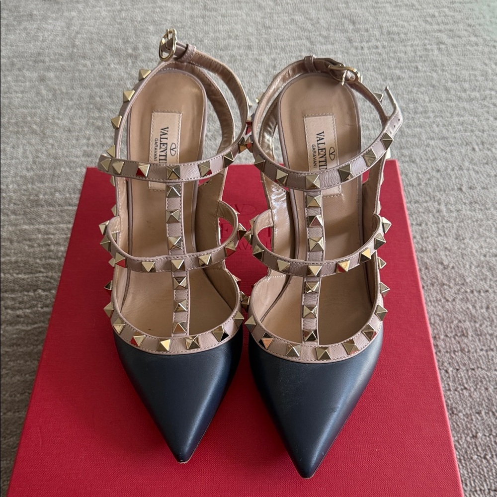 Valentino Navy Blue and Tan Rockstud Heels